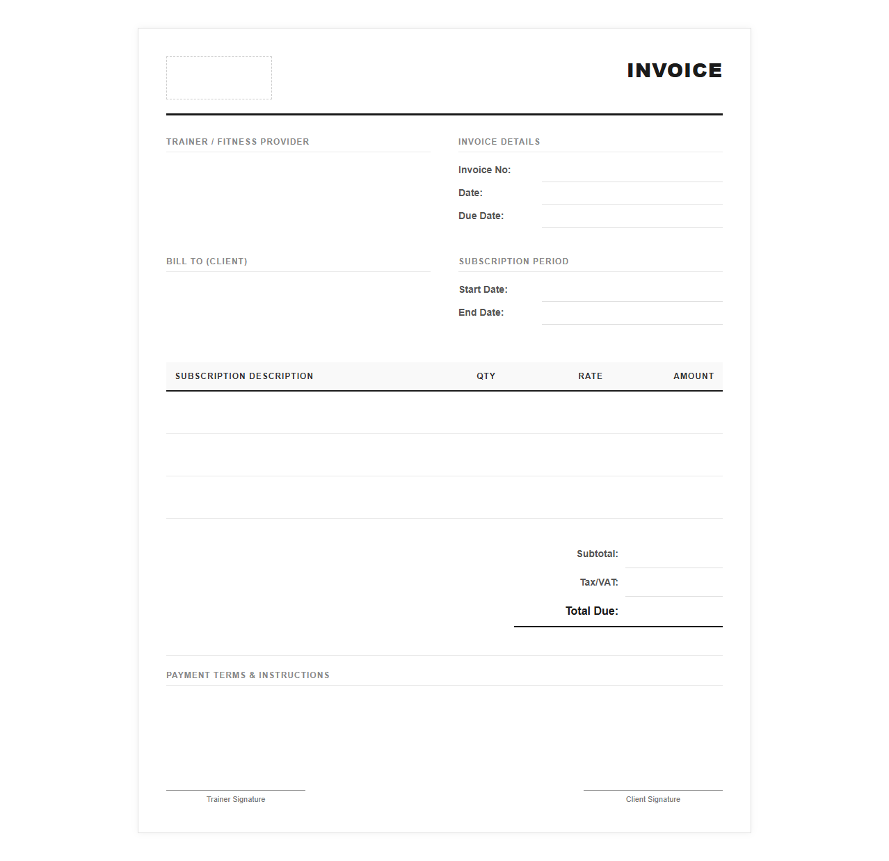 Monthly Fitness Coaching Subscription Invoice