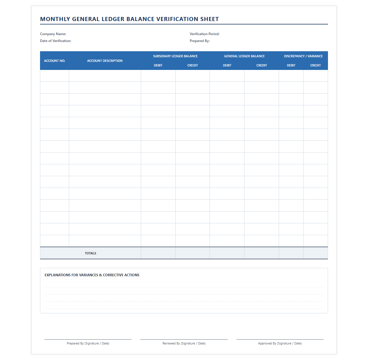 Monthly General Ledger Balance Verification Sheet
