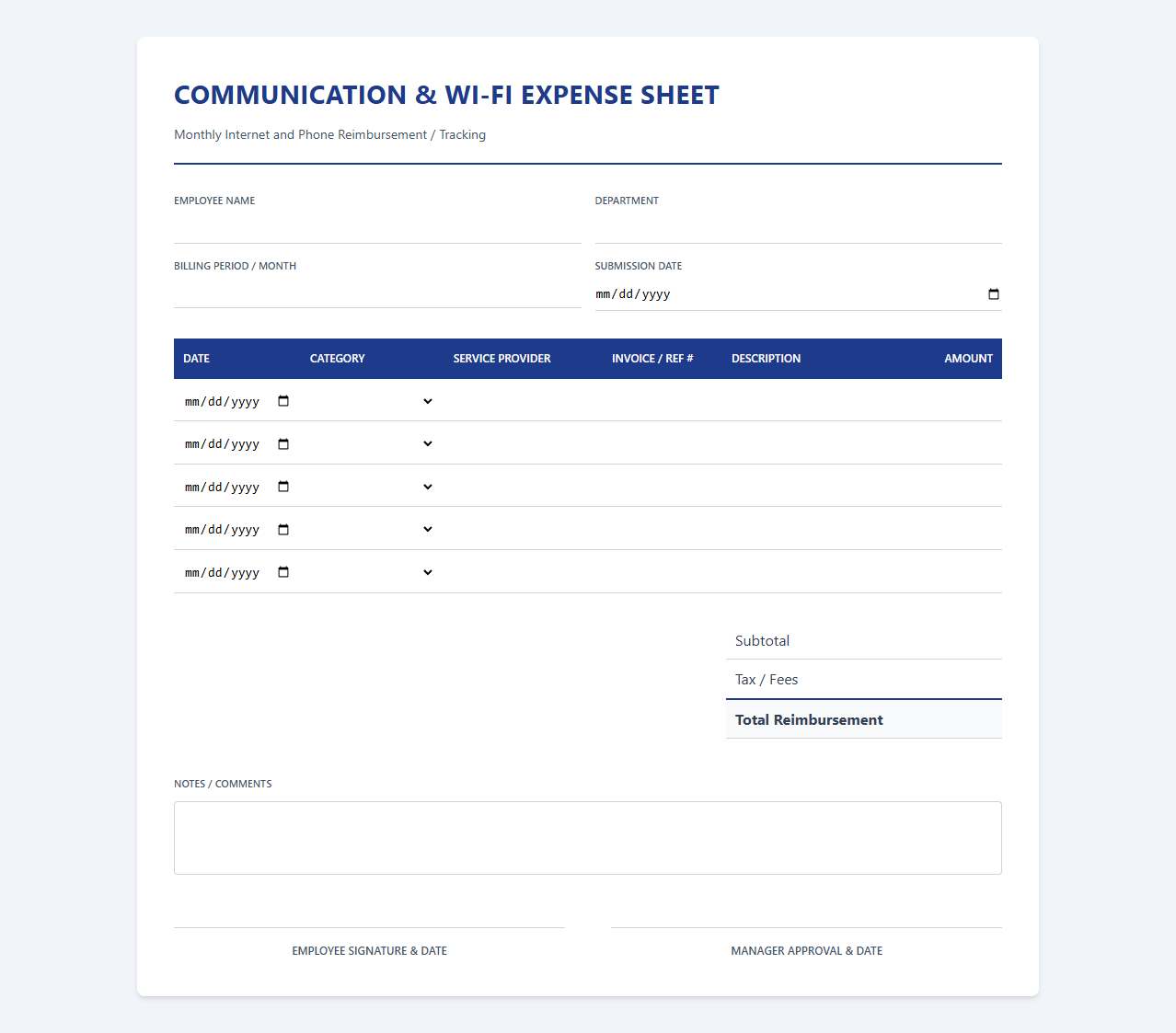 Monthly Internet and Phone Expense Sheet