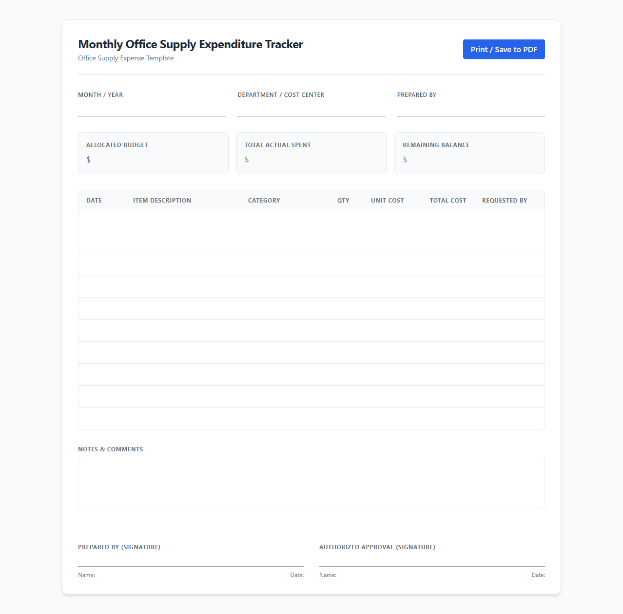 Monthly Office Supply Expenditure Tracker