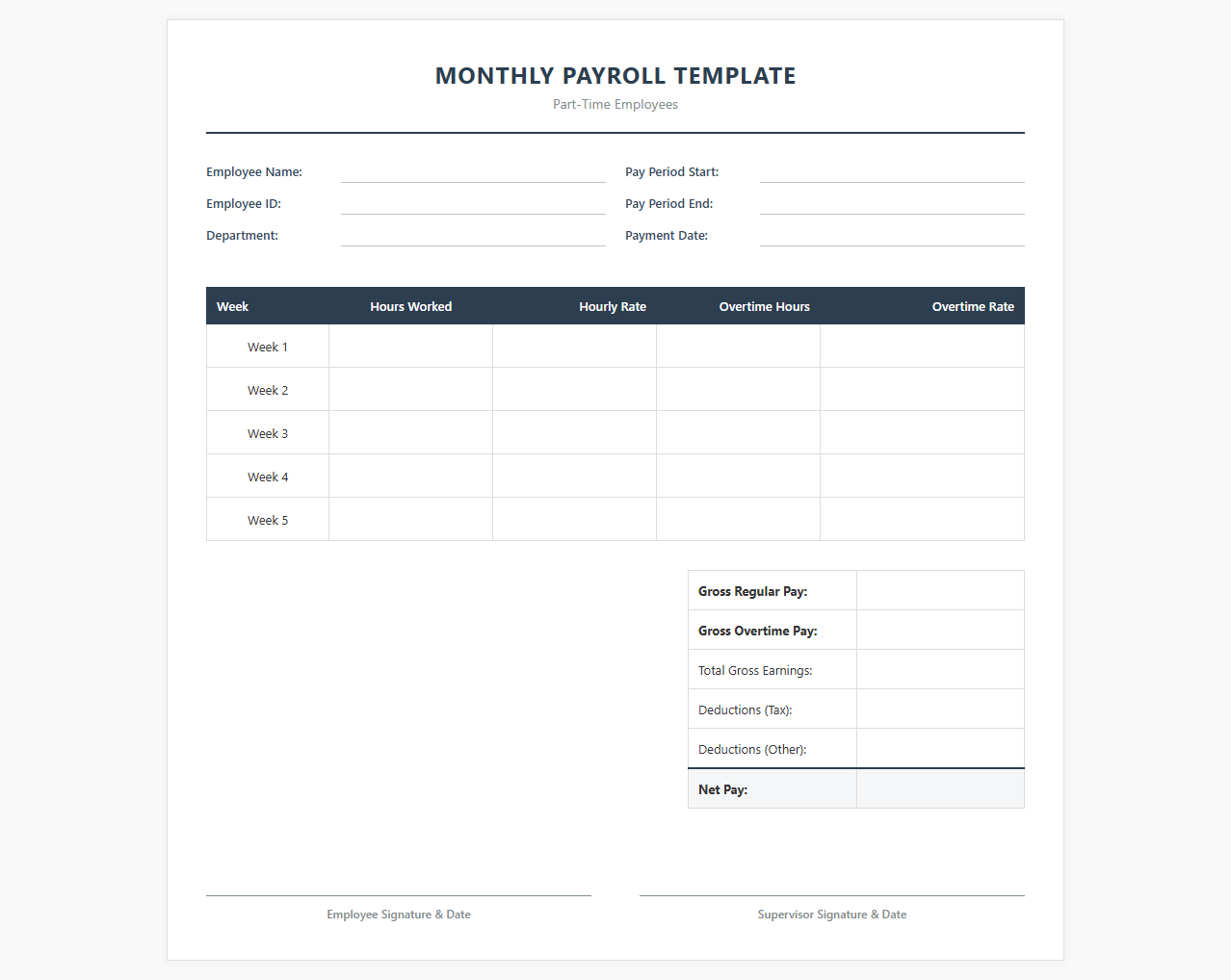 Monthly Payroll Template for Part-Time Workers