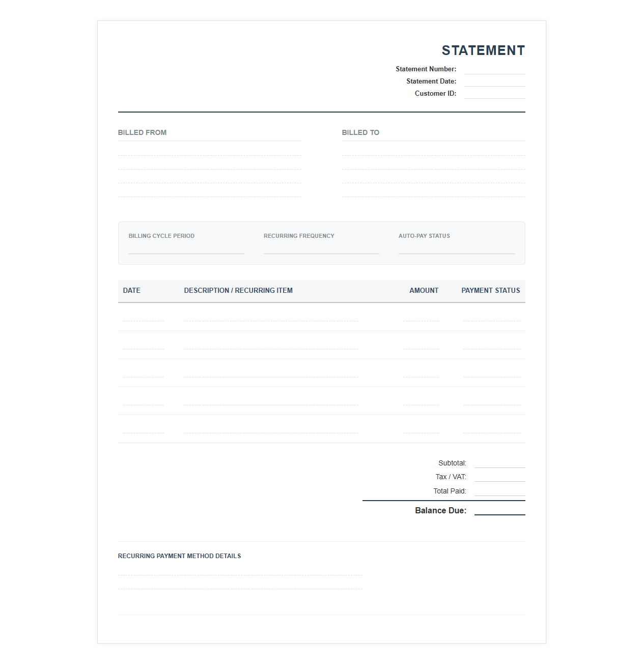 Monthly Recurring Invoice and Payment Statement