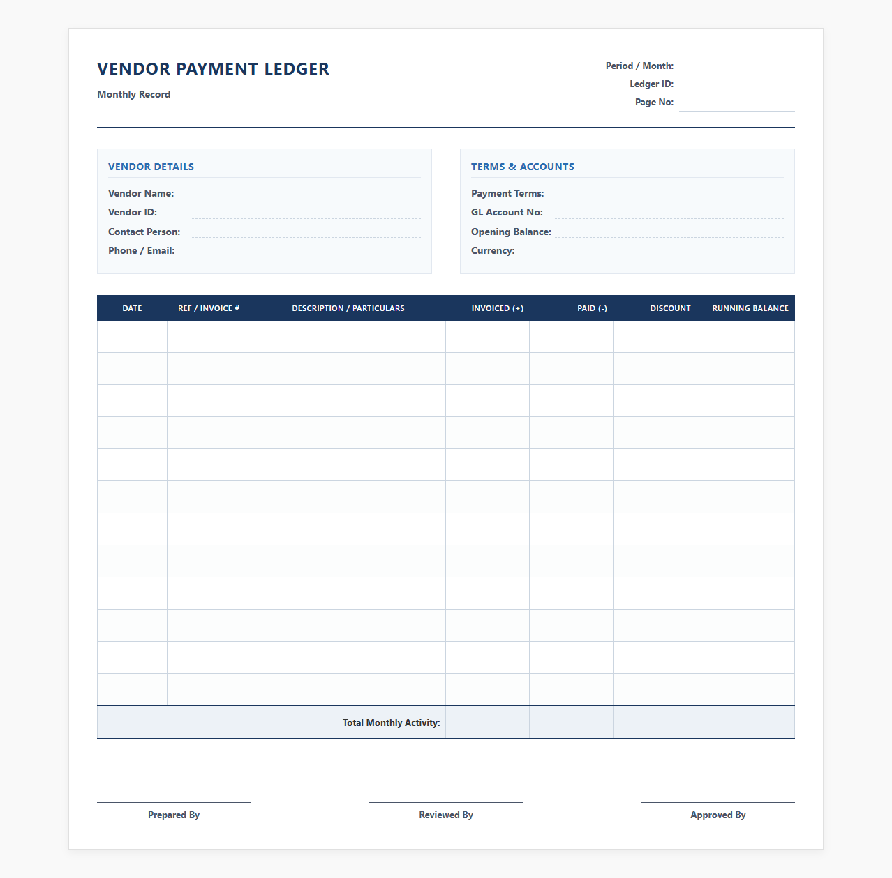 Monthly Vendor Payment Ledger Document