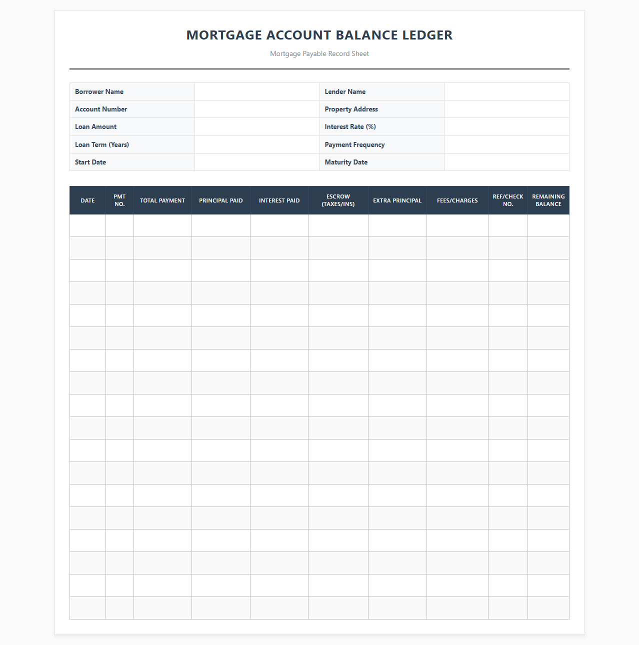 Mortgage Account Balance Ledger Template