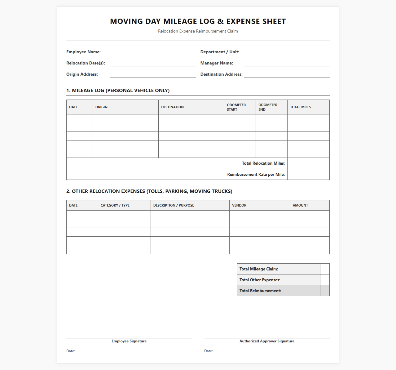 Moving Day Mileage Log and Expense Sheet