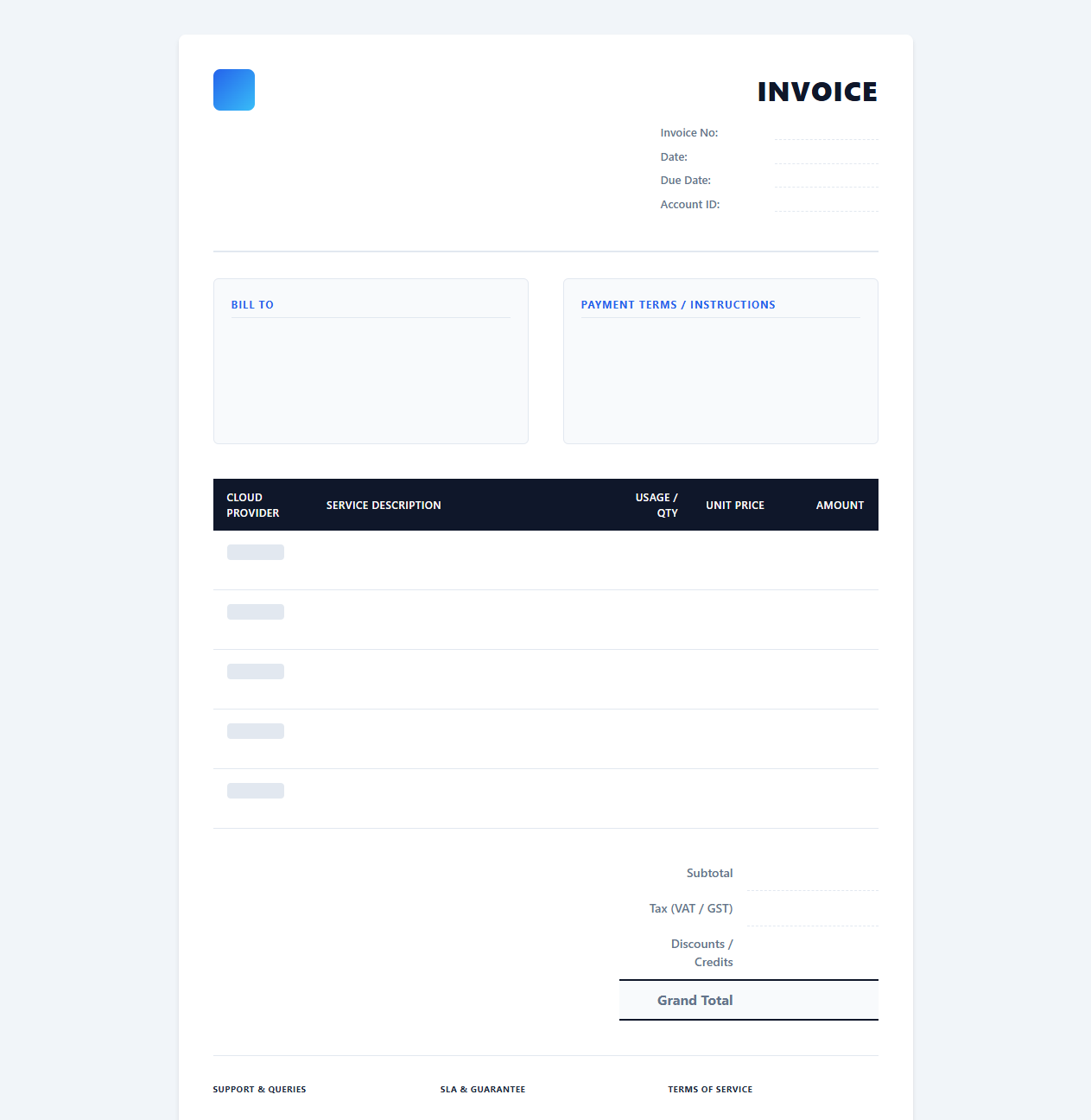 Multi-Cloud Hosting and Storage Invoice Template