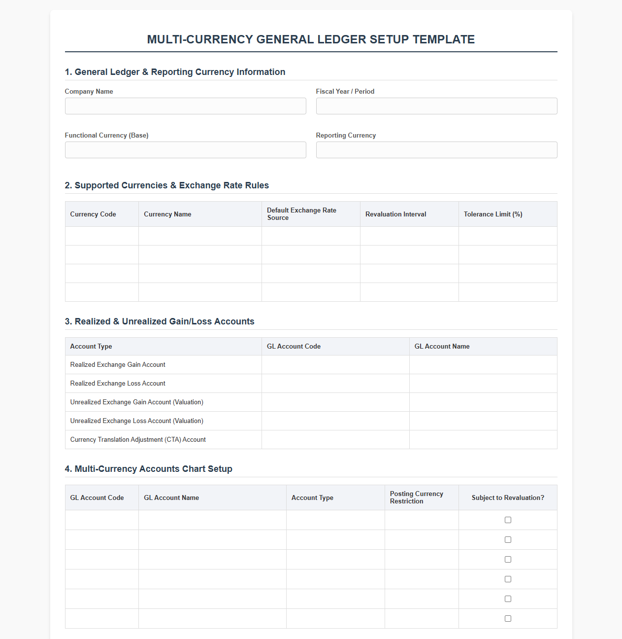 Multi Currency General Ledger Setup Template