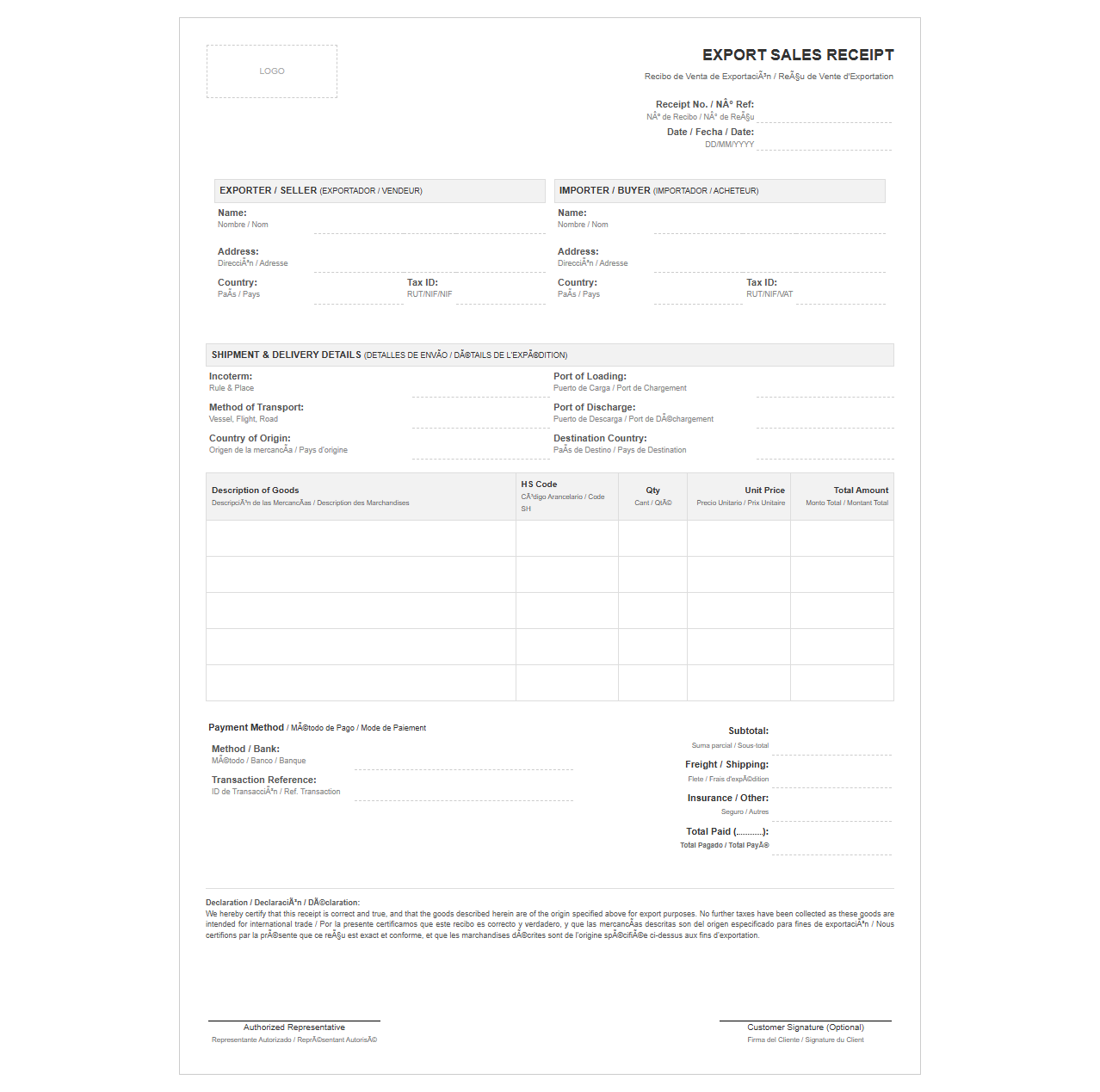 Multilingual Export Sales Receipt Template