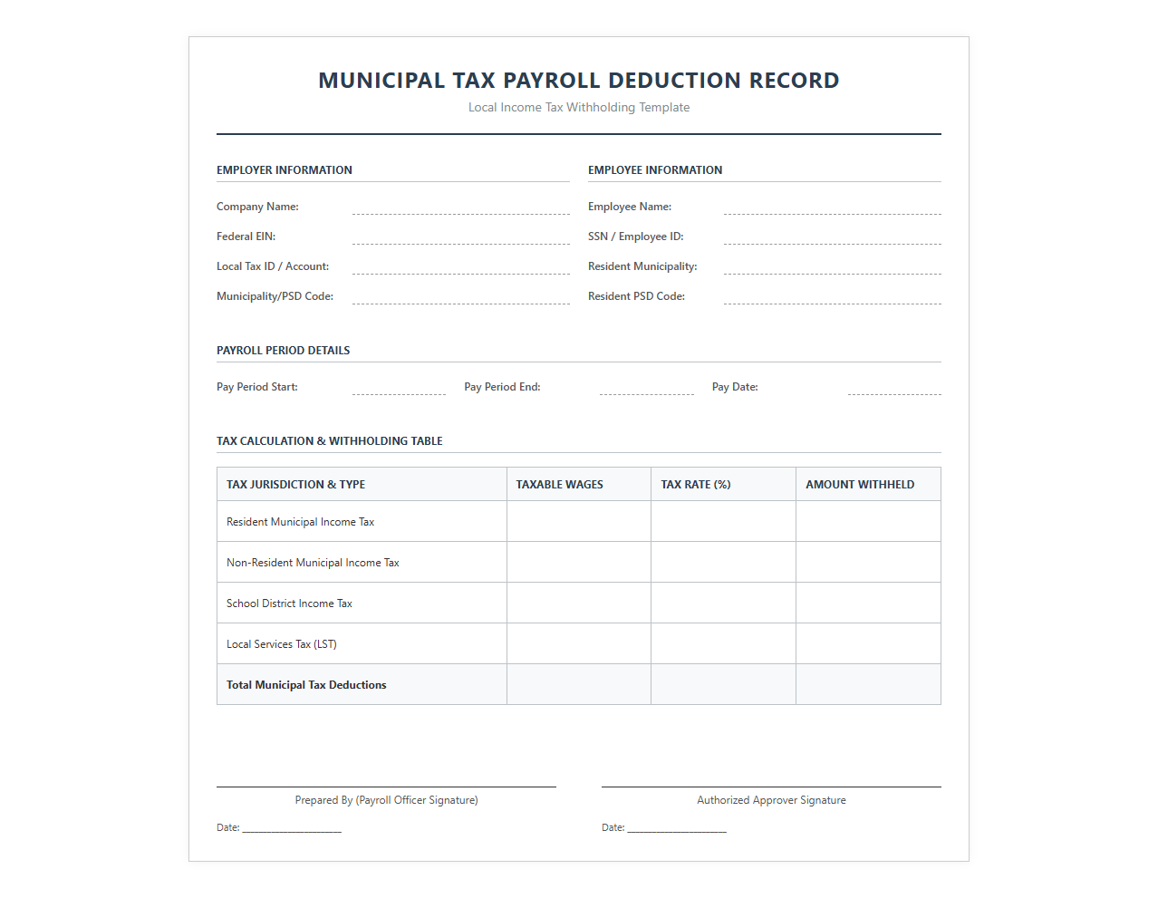 Municipal Tax Payroll Deduction Template