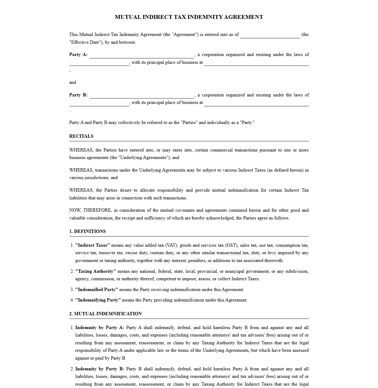 Mutual Indirect Tax Indemnity Agreement