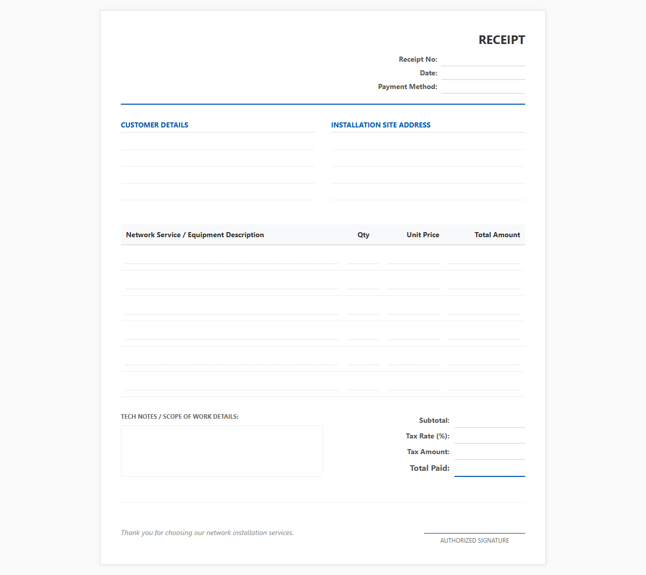 Network Installation Service Receipt Design