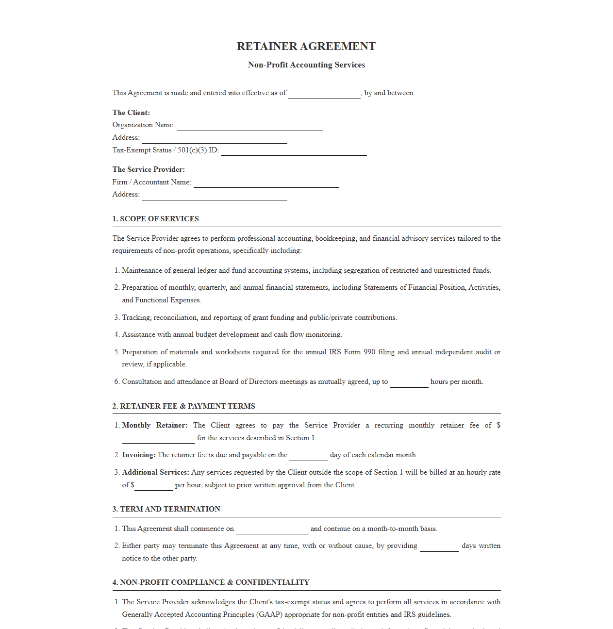 Non-Profit Organization Financial Retainer Template