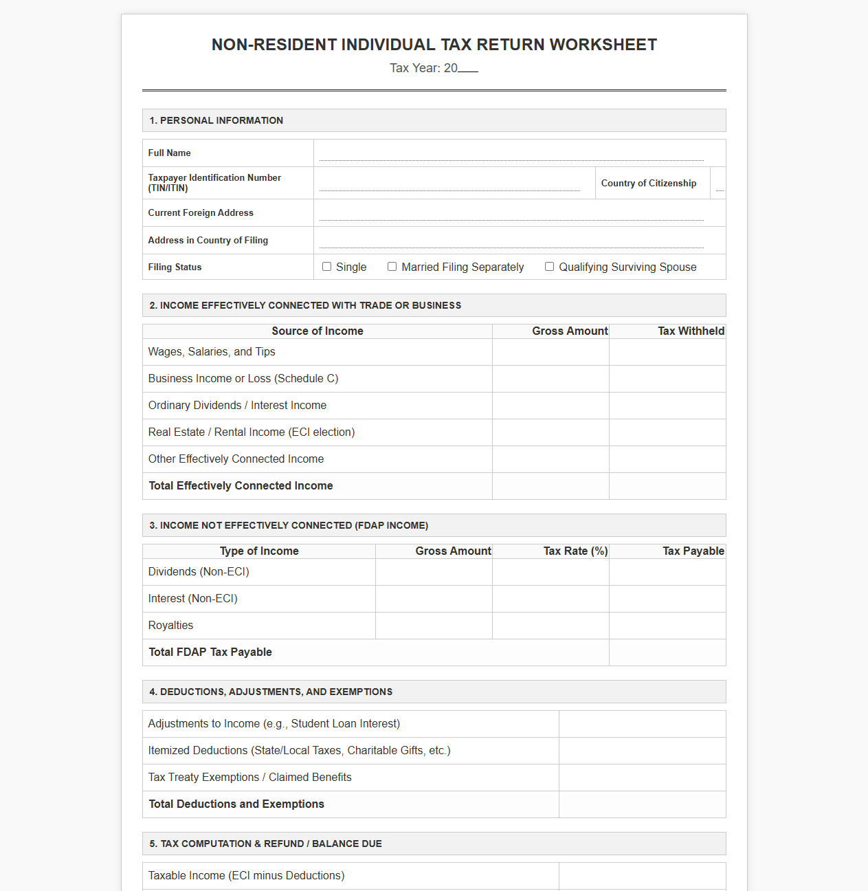 Non-Resident Individual Tax Return Worksheet