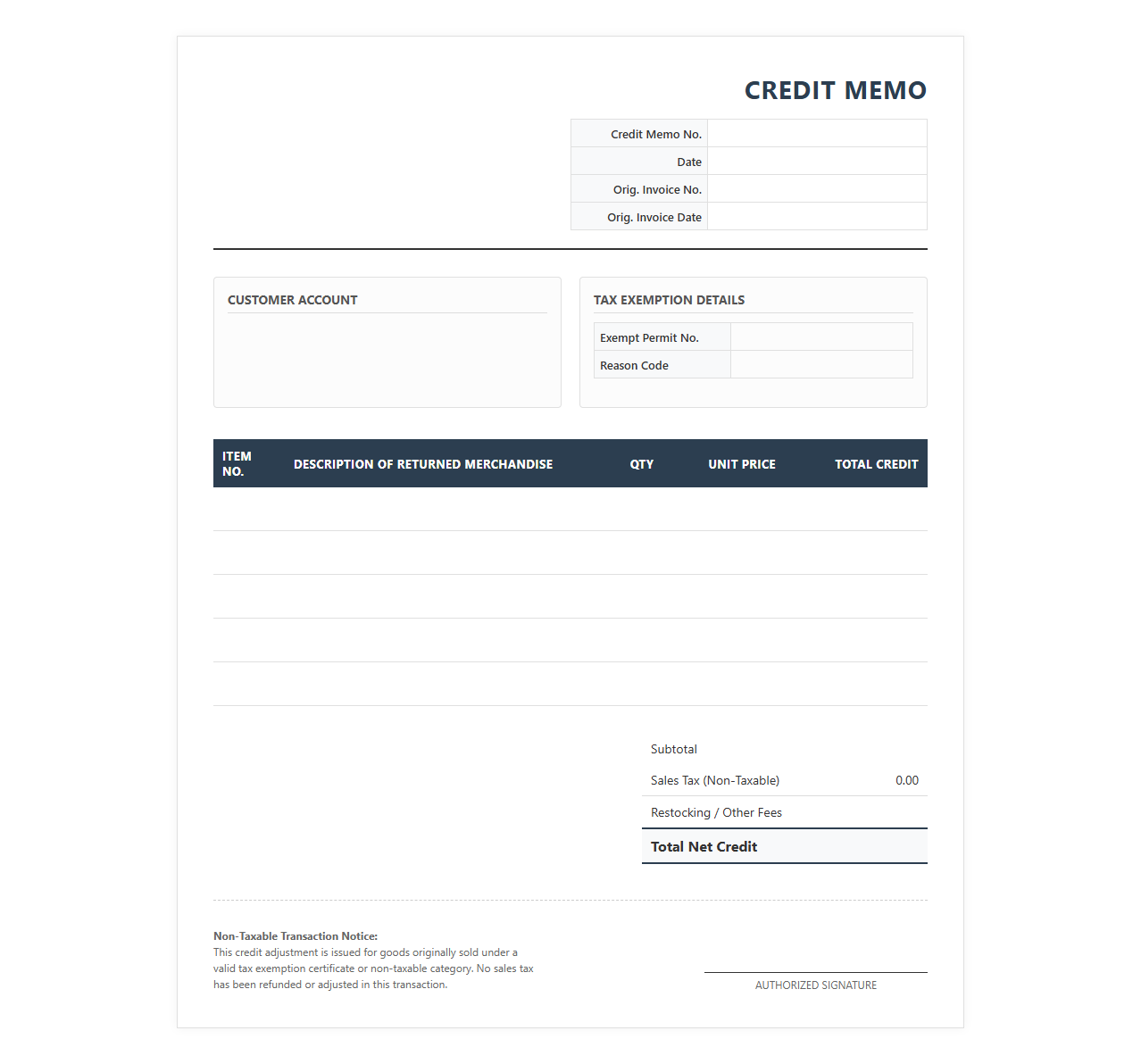 Non-Taxable Sales Return Credit Memo Template