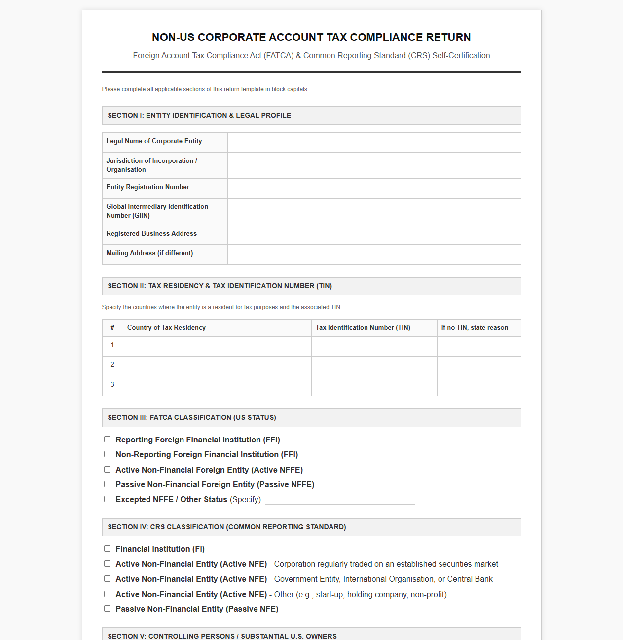 Non-US Corporate Account Tax Compliance Return Template
