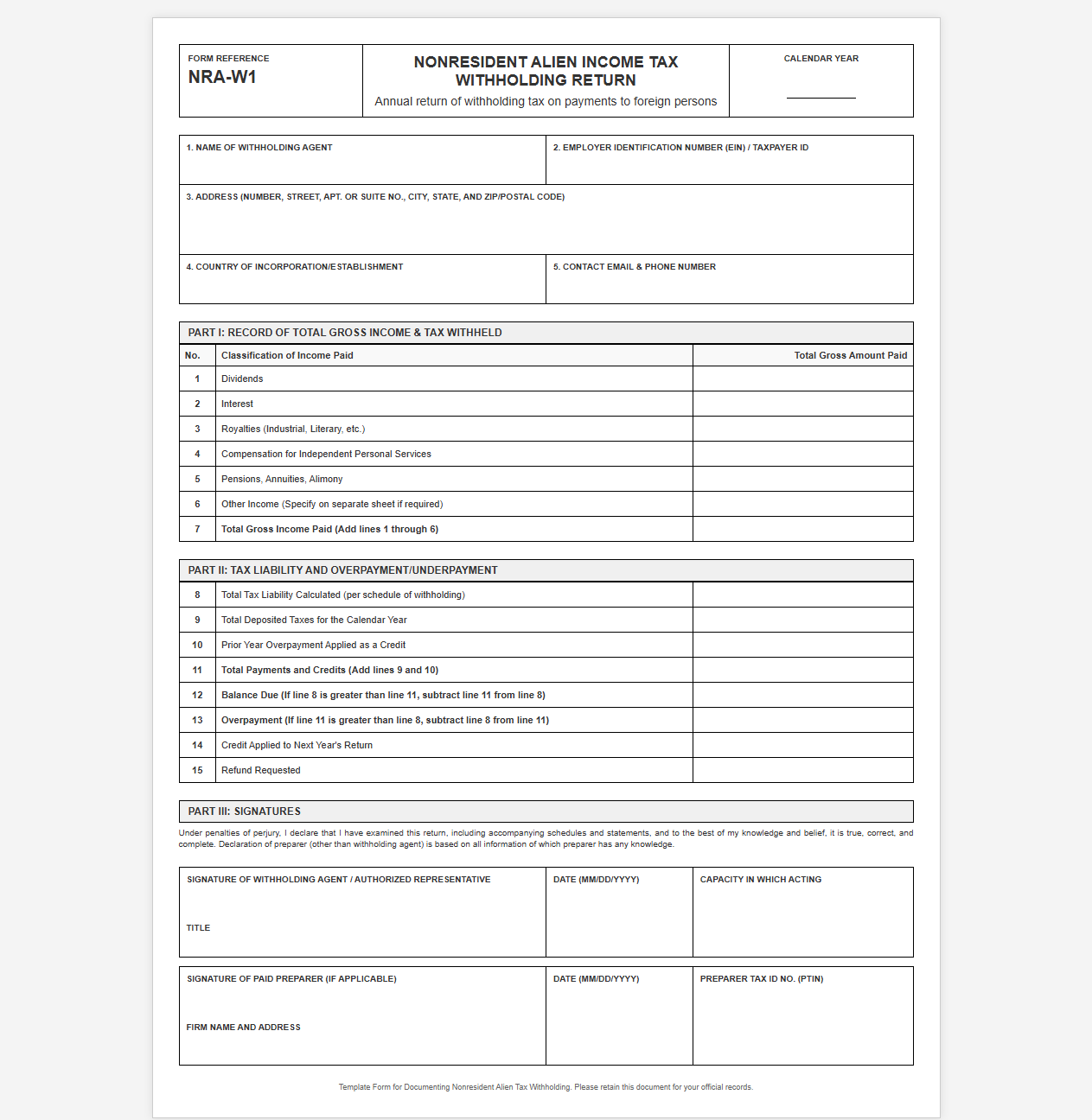 Nonresident Alien Income Tax Withholding Return