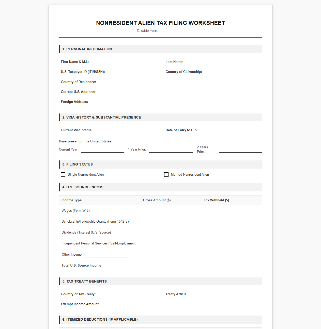 Nonresident Alien Tax Filing Worksheet