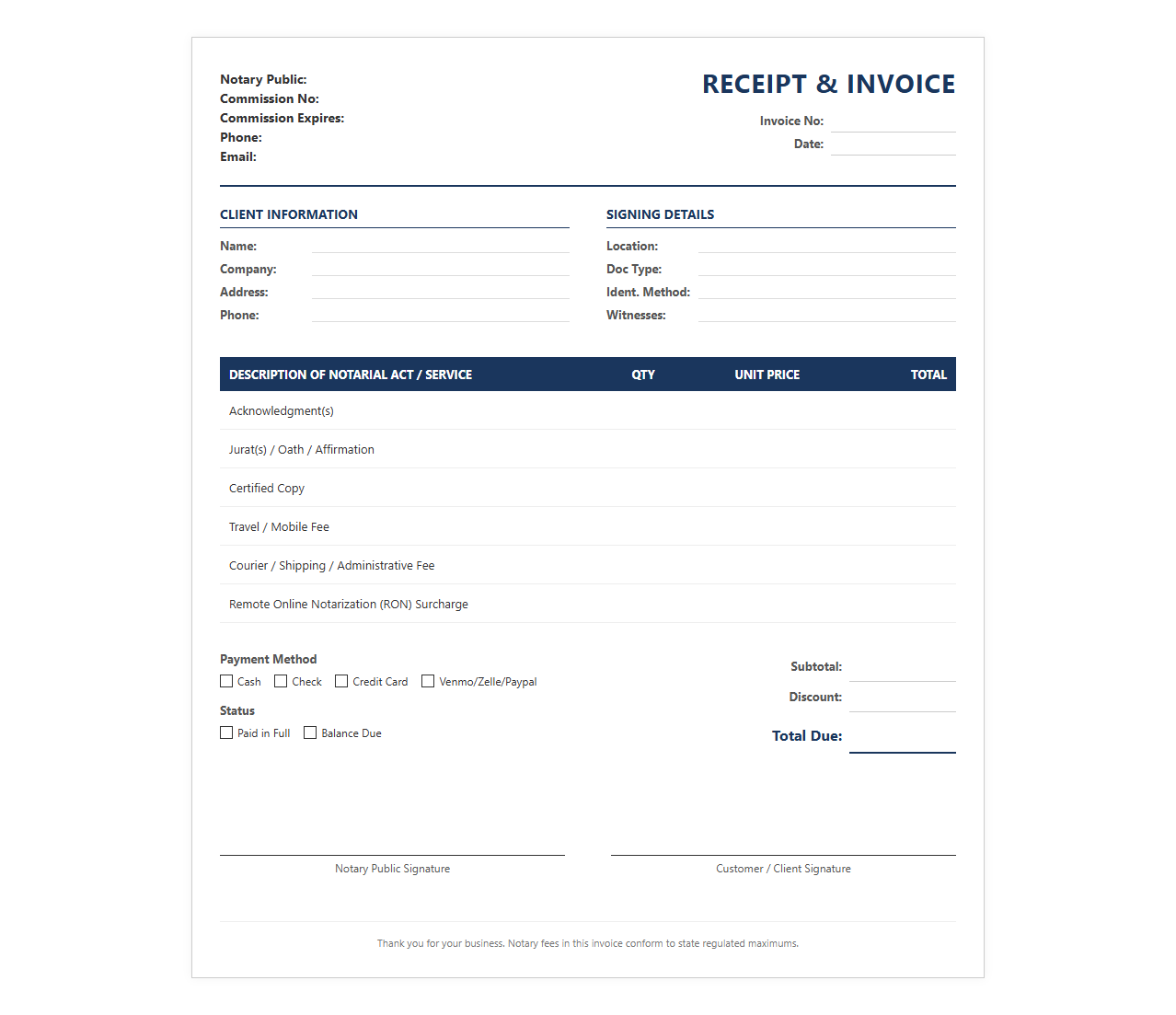 Notary Service Fee Receipt and Invoice