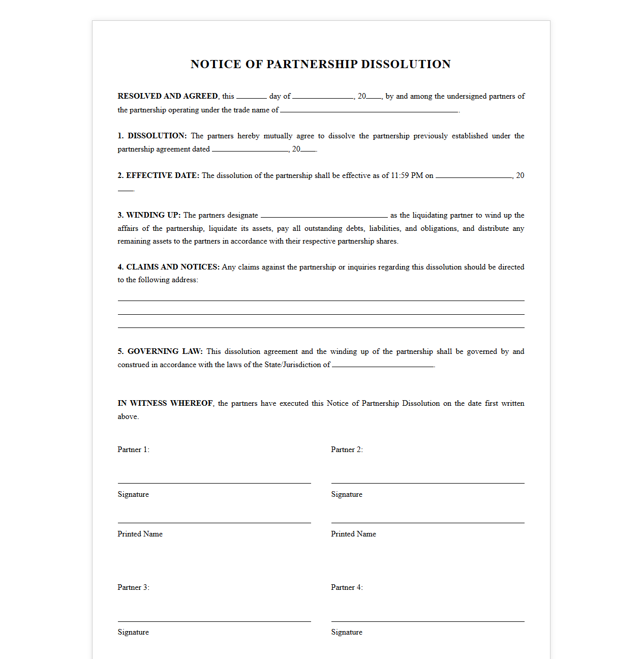 Notice of Partnership Dissolution Form