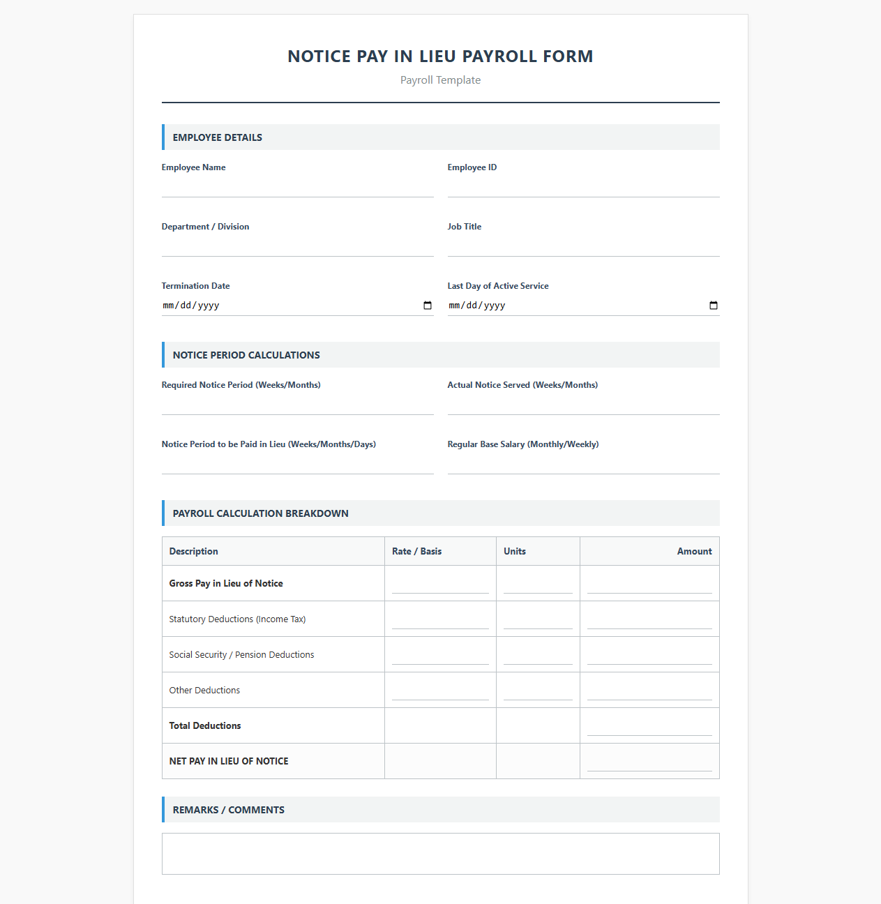 Notice Pay in Lieu Payroll Form