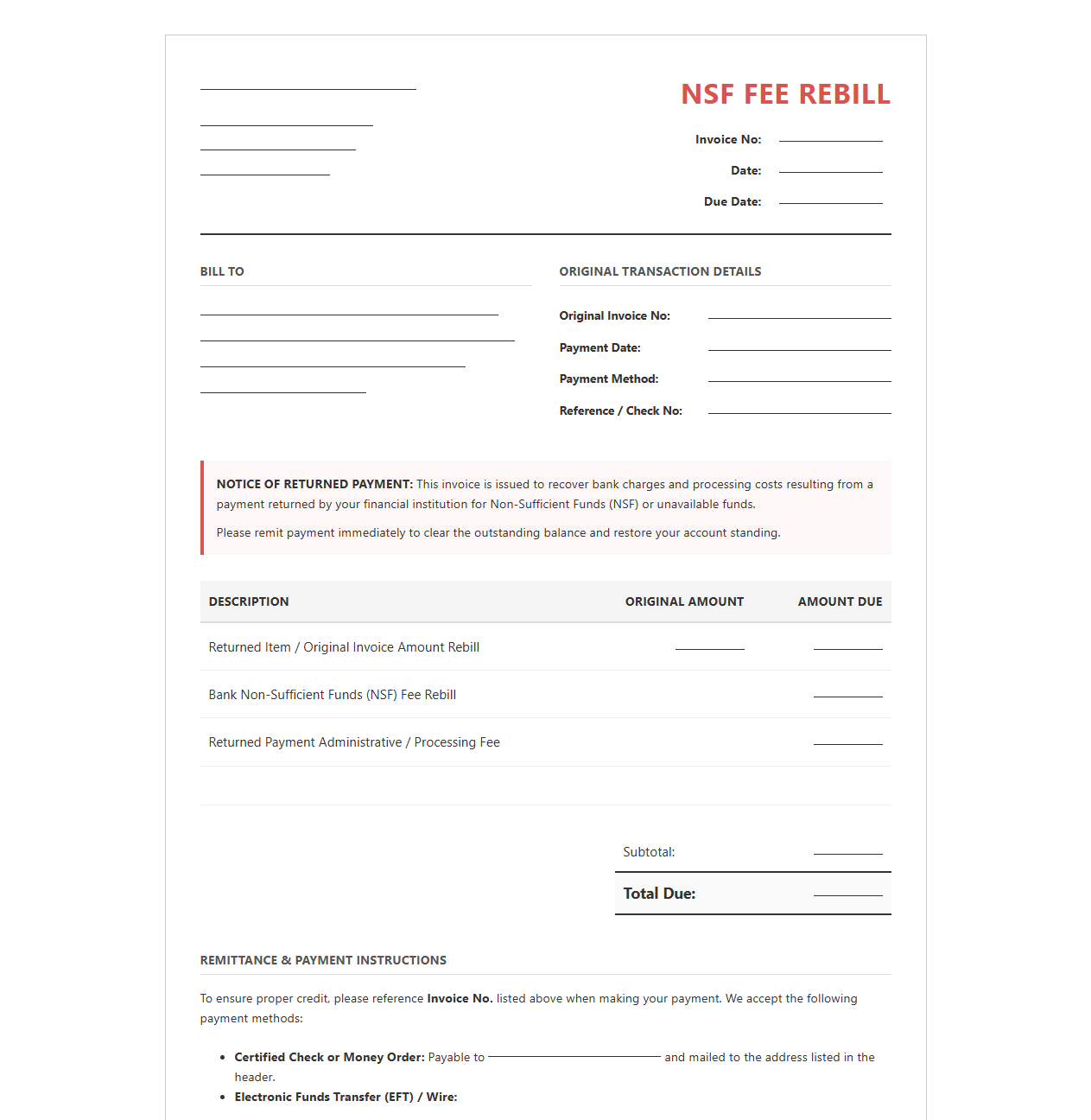 NSF Bank Fee Rebill Invoice Template