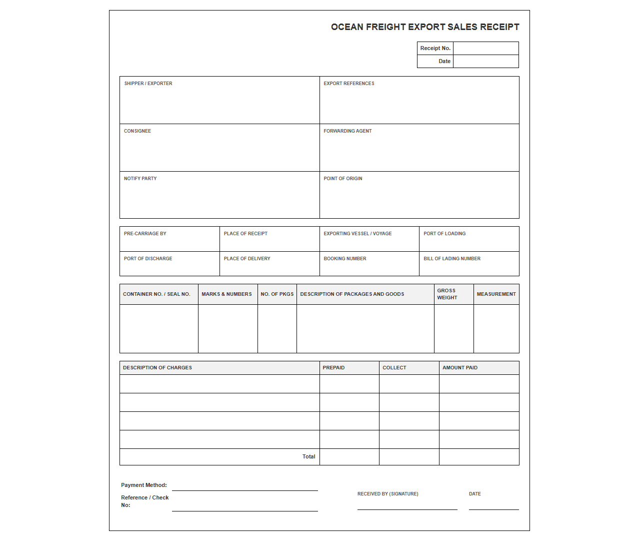Ocean Freight Export Sales Receipt