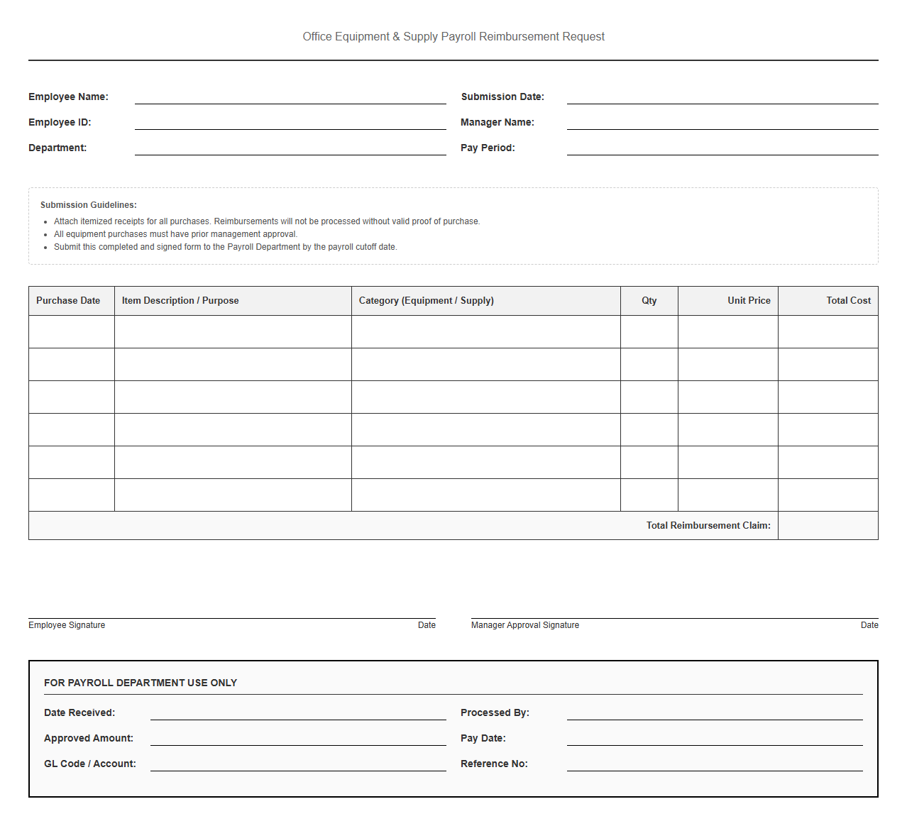Office Equipment and Supply Payroll Reimbursement Template