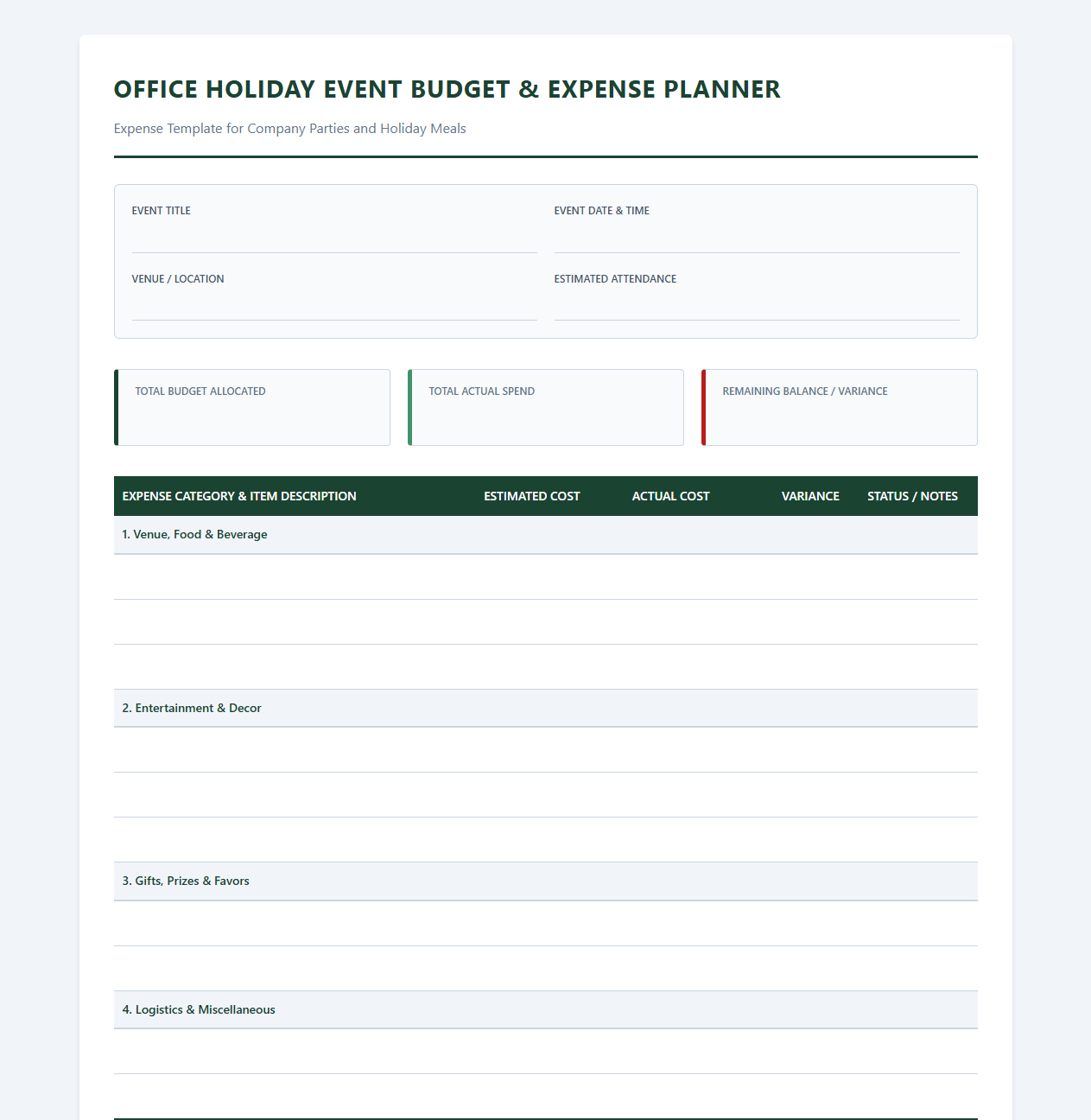 Office Holiday Event Budget and Expense Planner