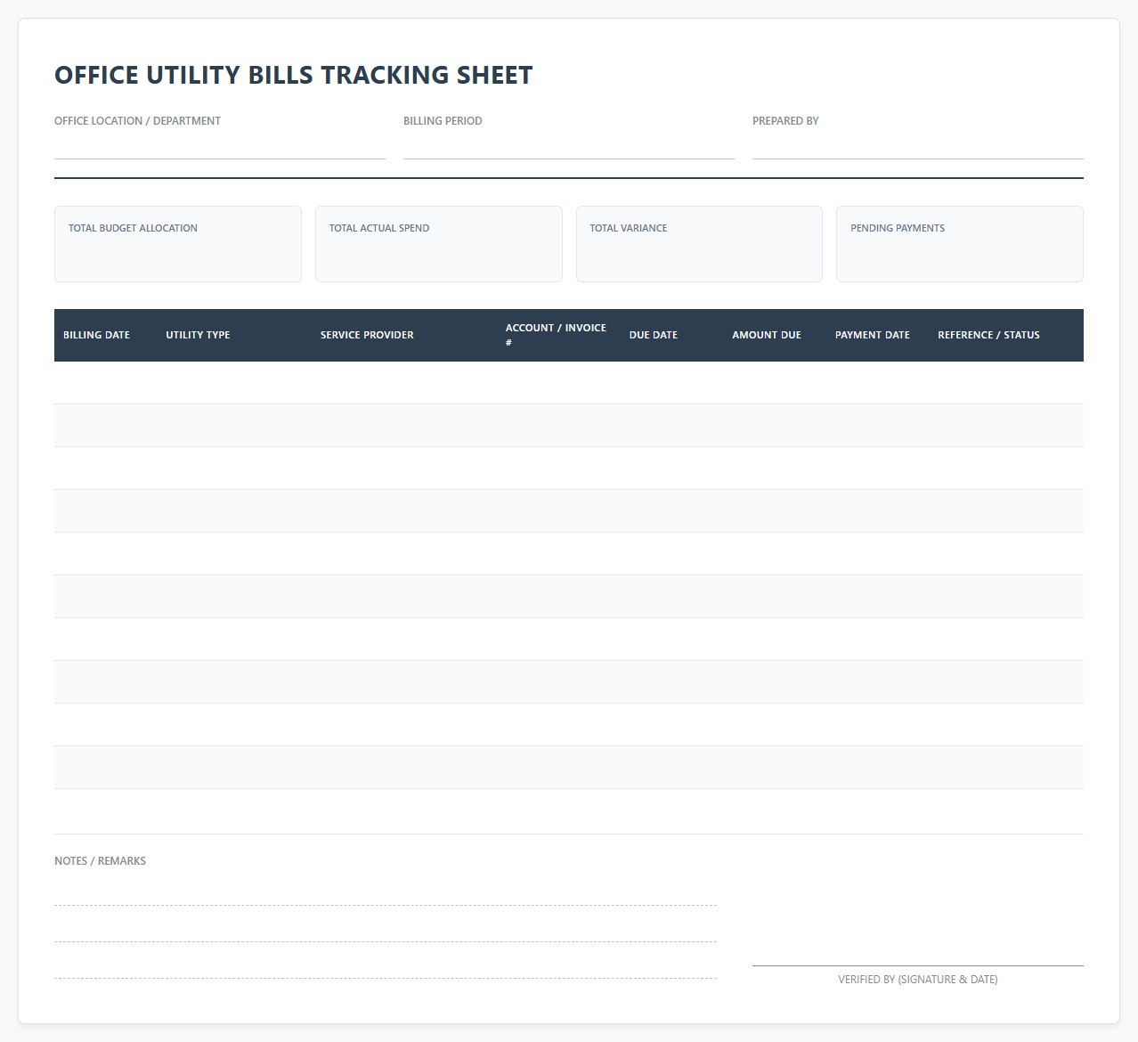 Office Utility Bills Tracking Sheet