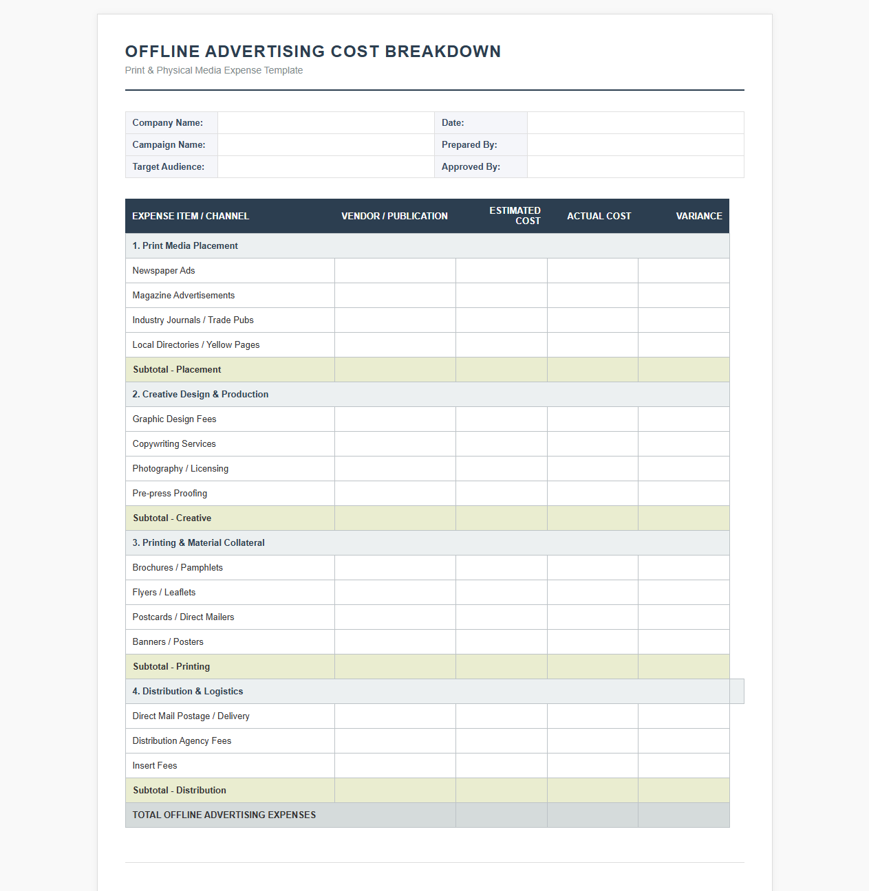Offline Advertising Cost Breakdown Template