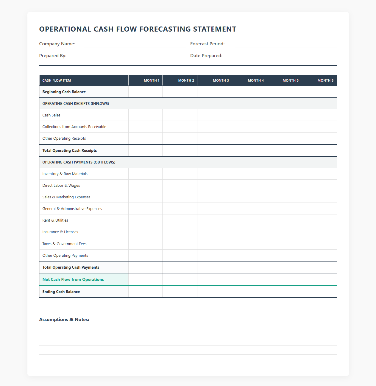Operational Cash Flow Forecasting Statement Template
