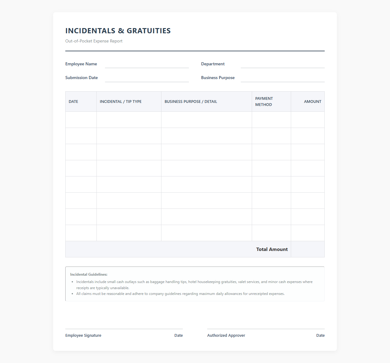 Out-of-Pocket Tips and Incidentals Template