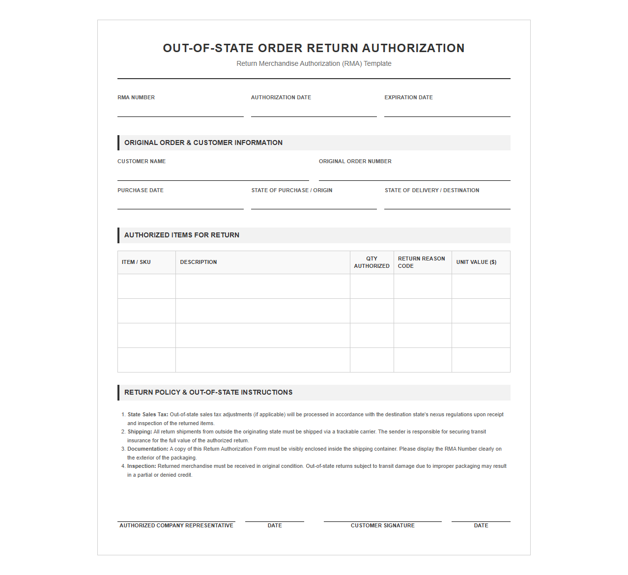Out-of-State Order Return Authorization Form