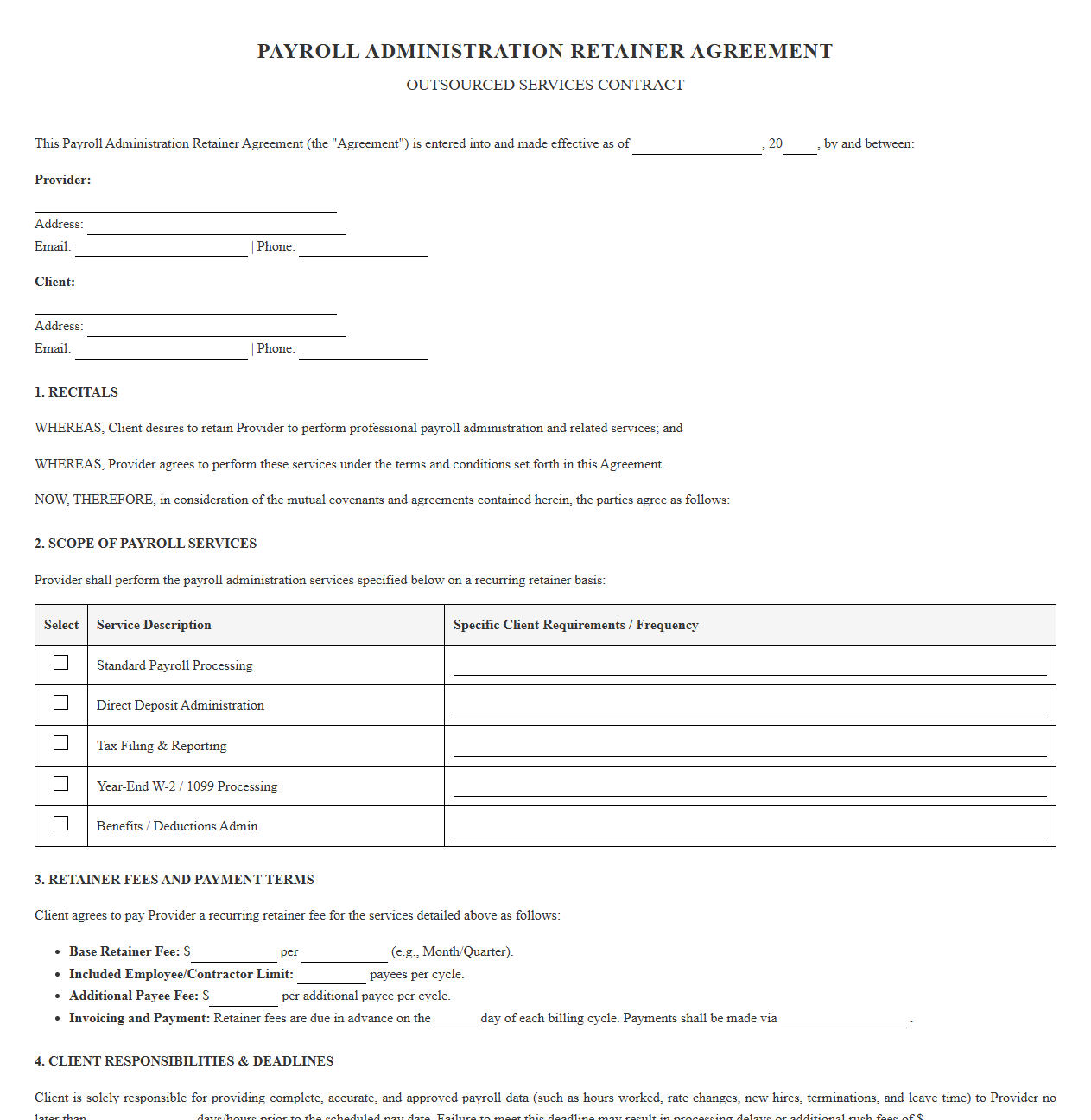 Outsourced Payroll Retainer Agreement Template