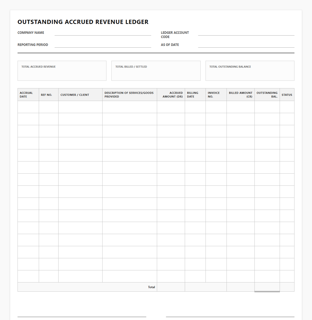 Outstanding Accrued Revenue Ledger Sheet