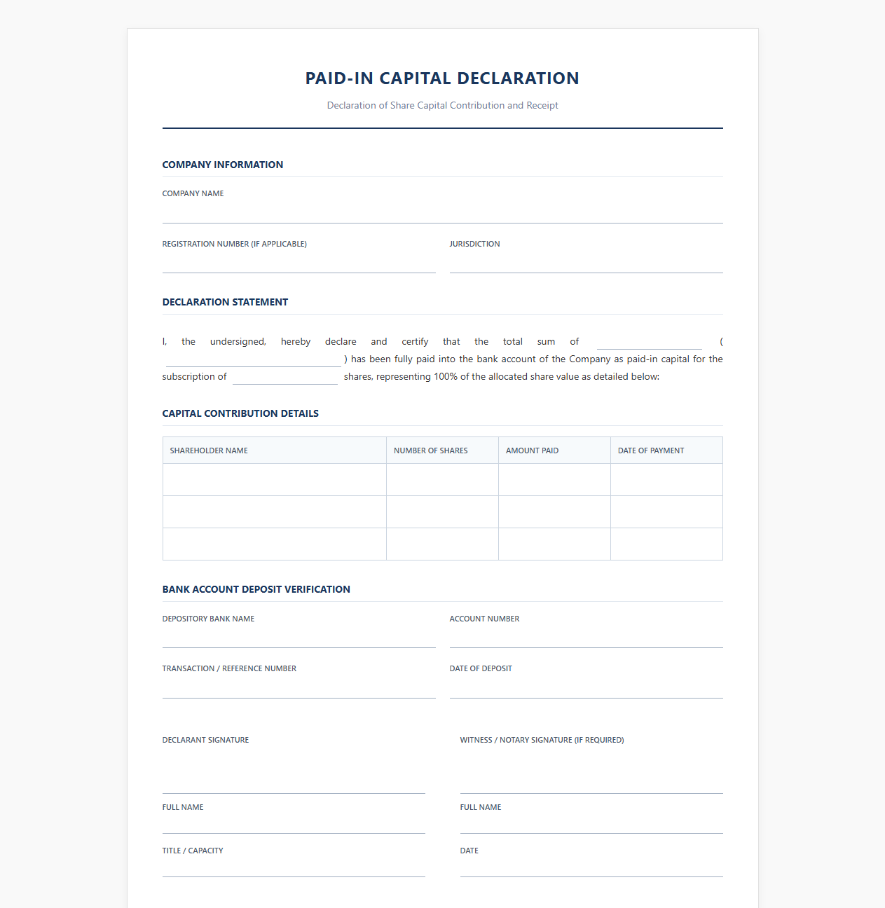 Paid-In Capital Declaration Form