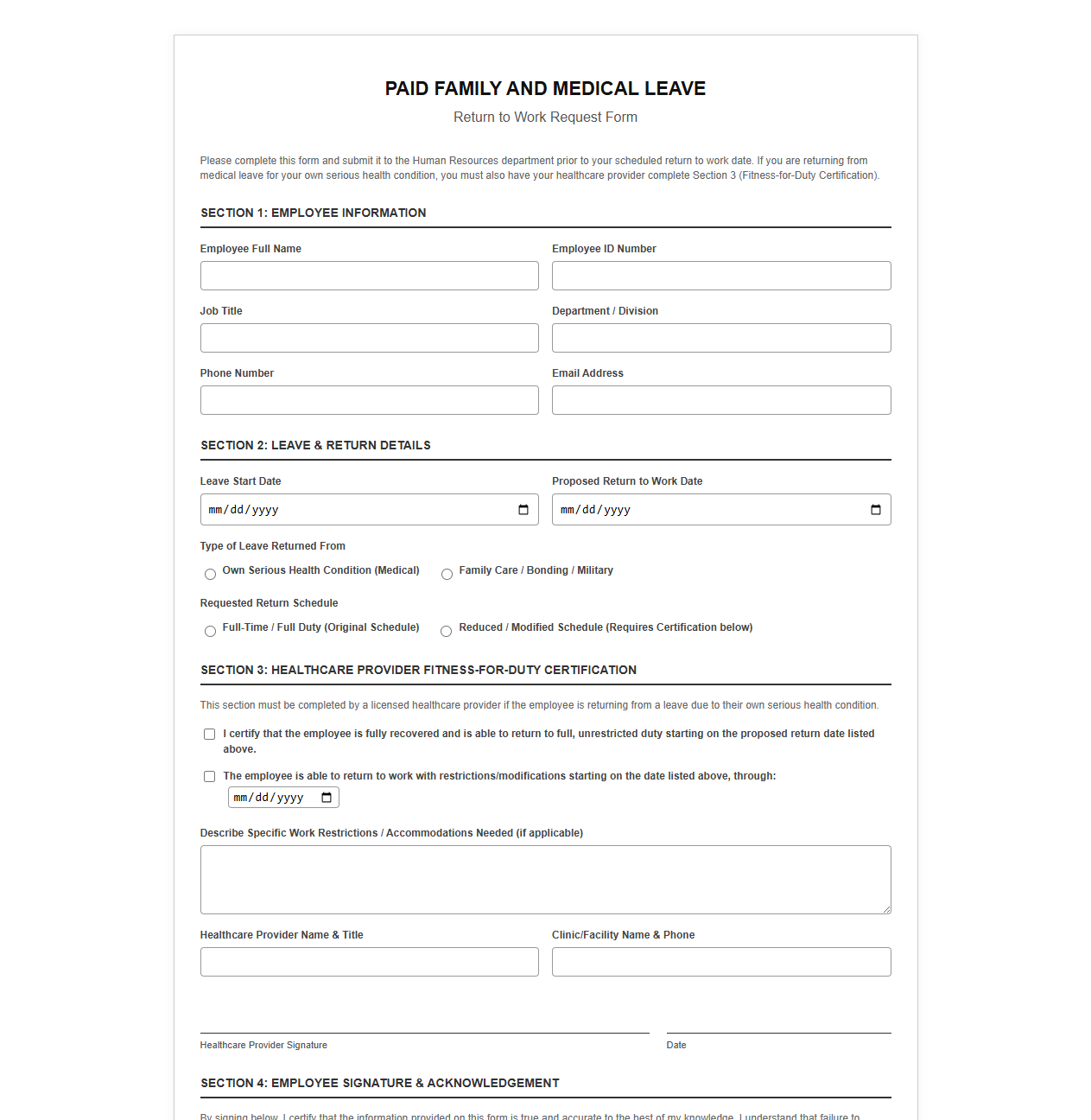 Paid Medical Leave Return Request Form