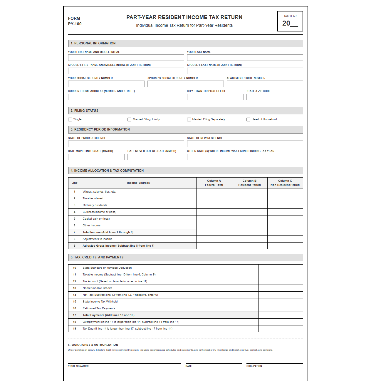 Part-Year Resident Income Tax Return Template