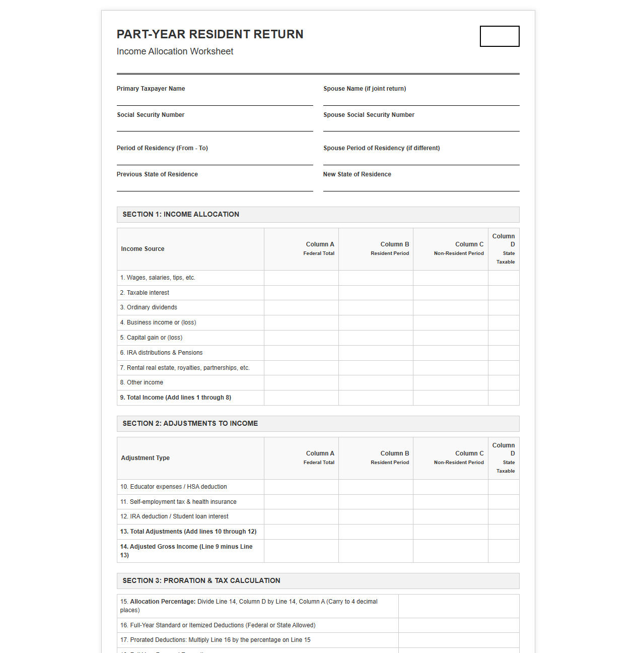 Part-Year Resident Return Worksheet Template