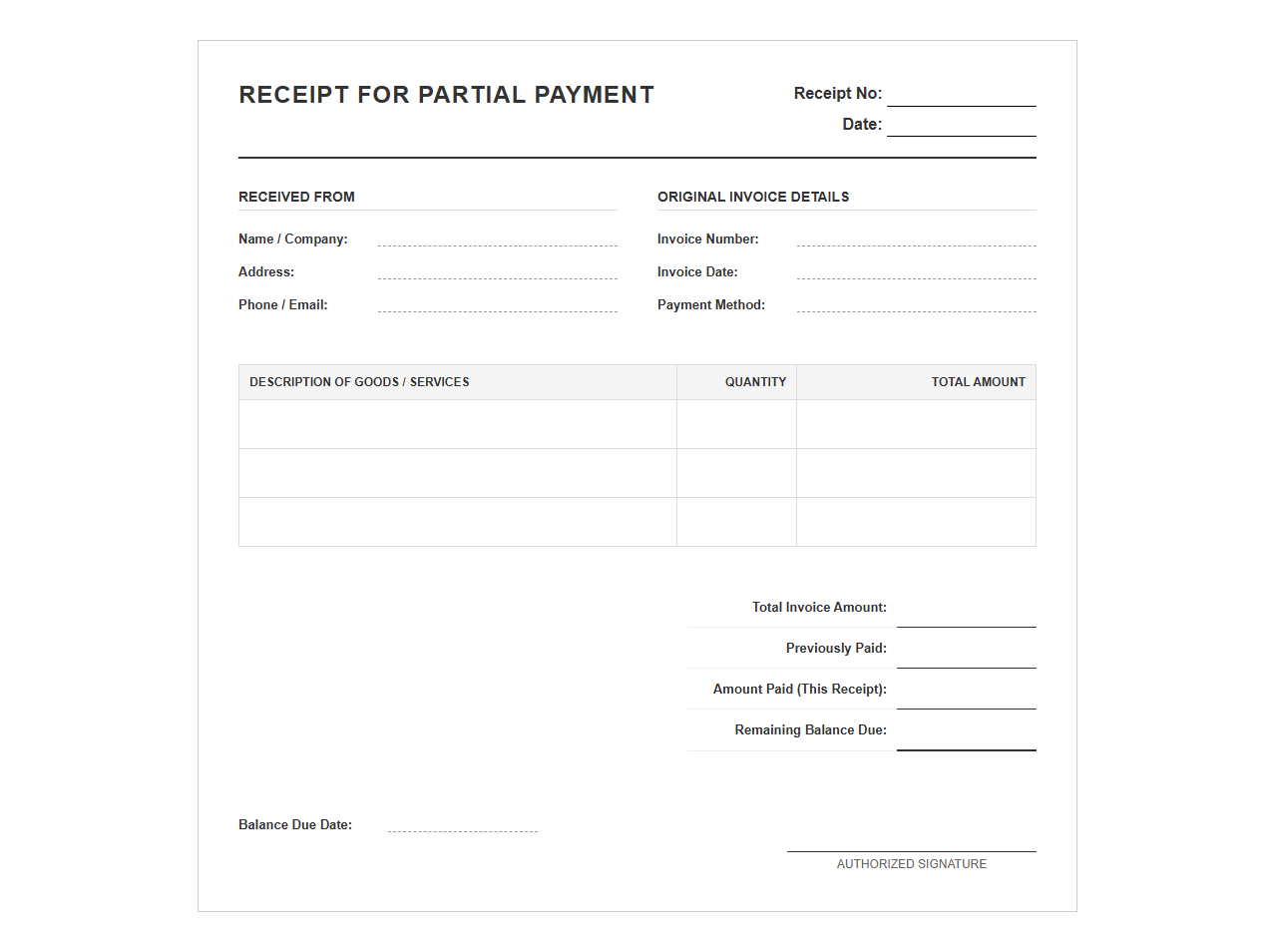Partial Invoice Payment Receipt Document