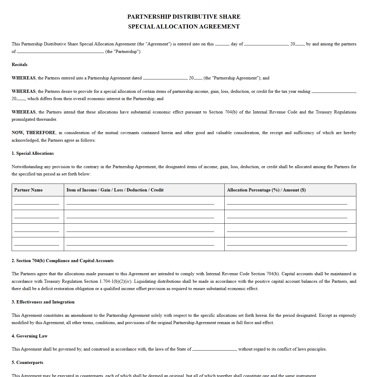 Partnership Distributive Share Special Allocation Agreement
