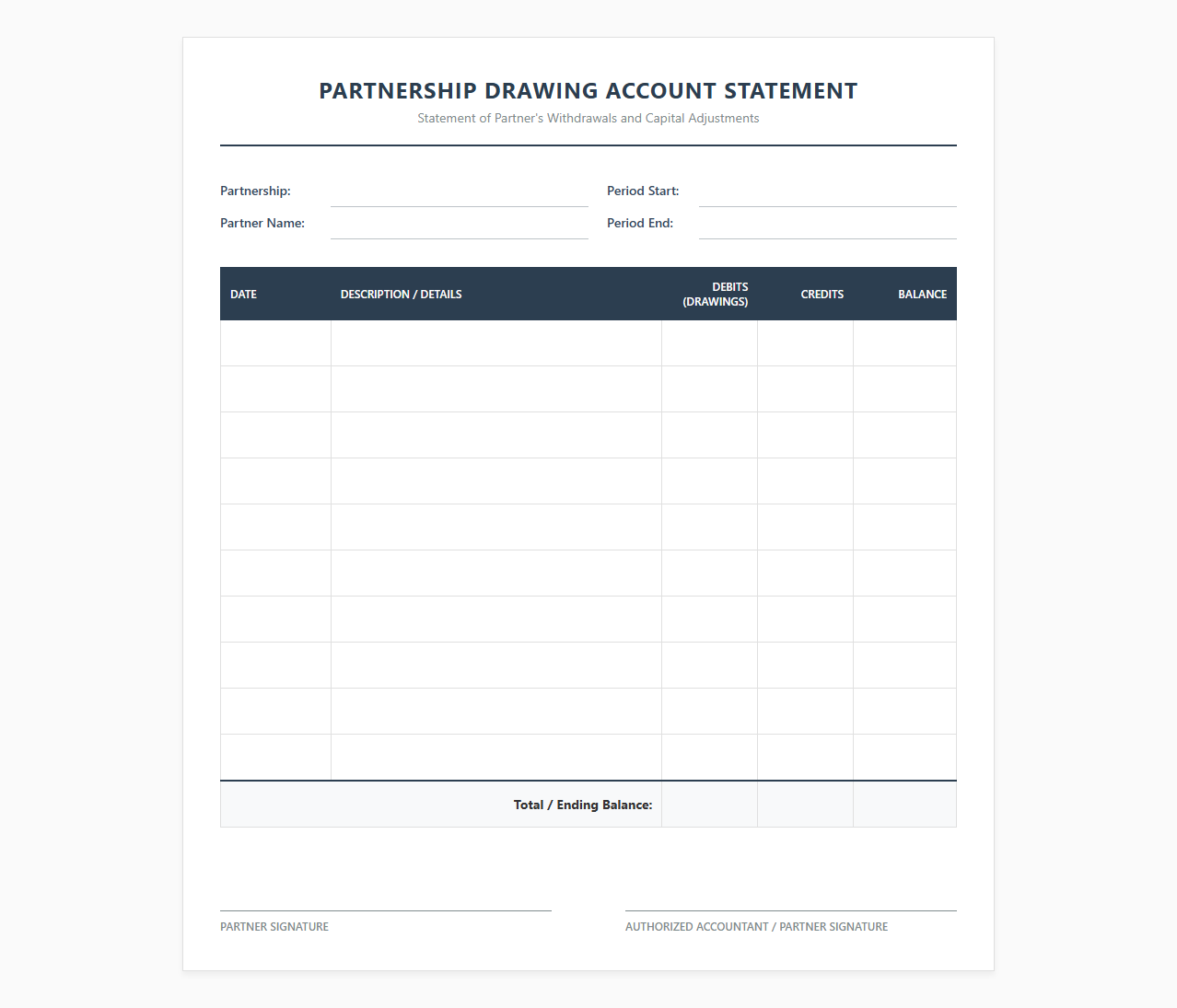 Partnership Drawing Account Statement Template