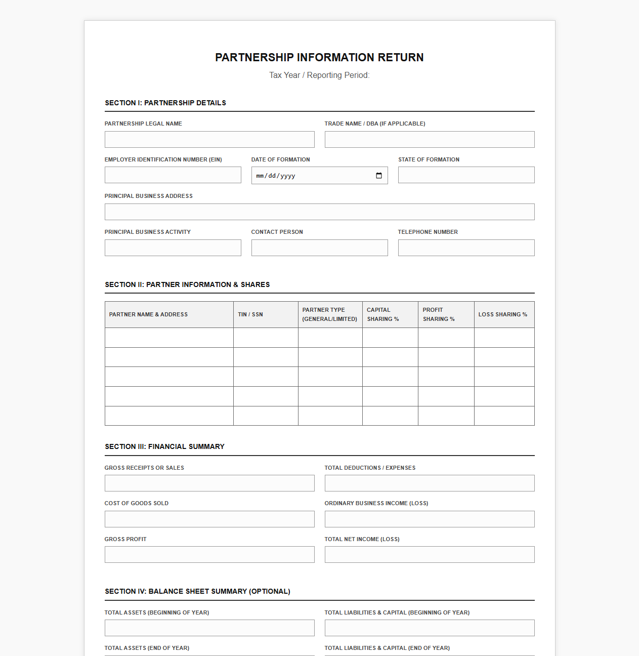 Partnership Information Reporting Template