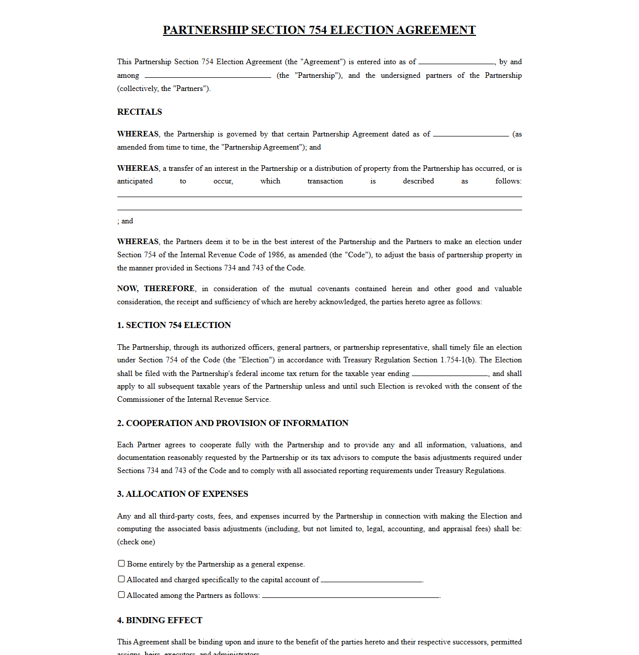 Partnership Section 754 Election Agreement Template