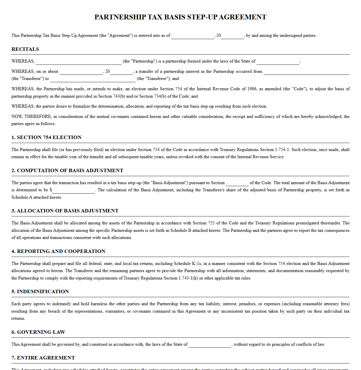Partnership Tax Basis Step-Up Agreement Template