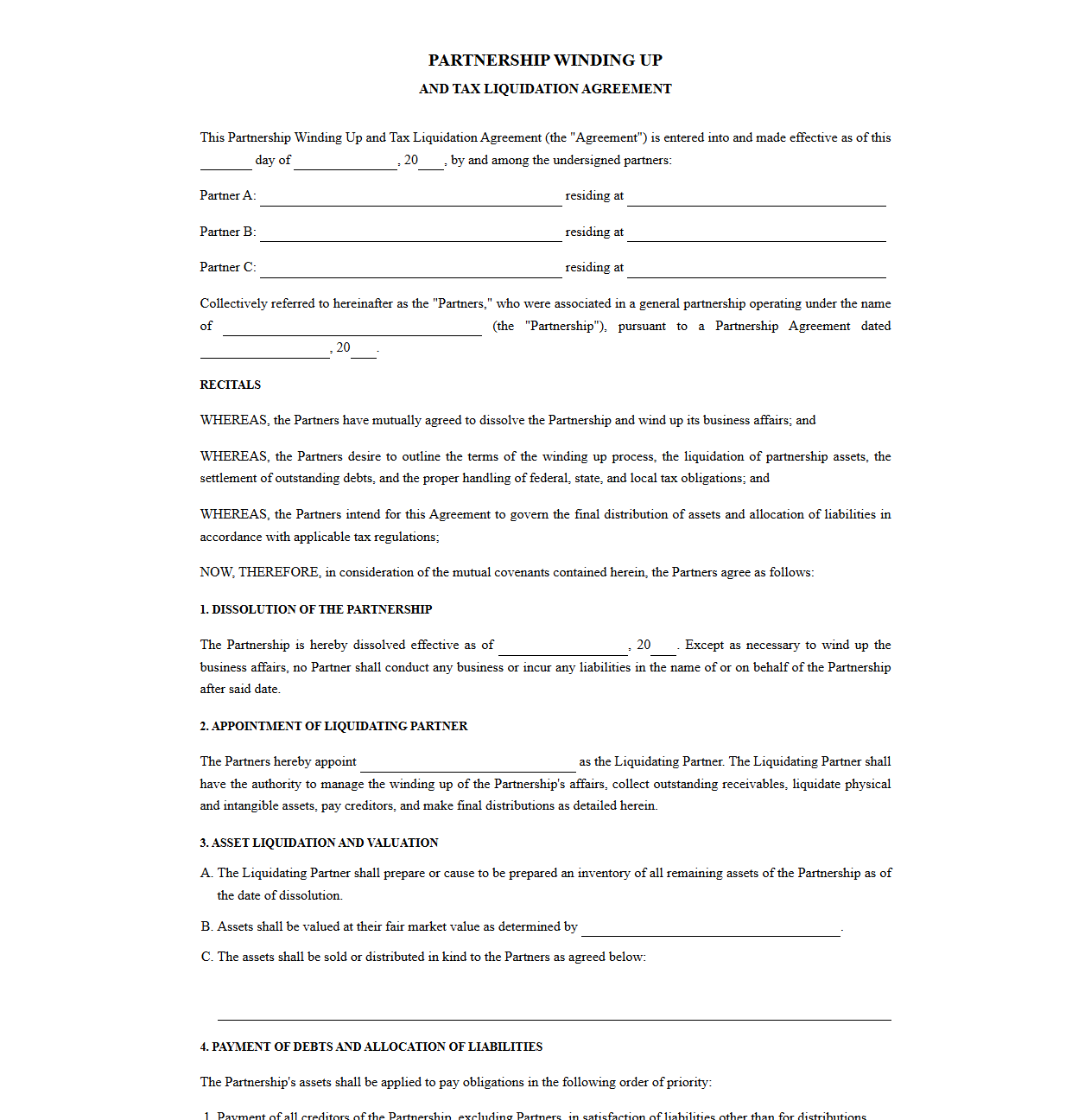 Partnership Winding Up and Tax Liquidation Agreement Form