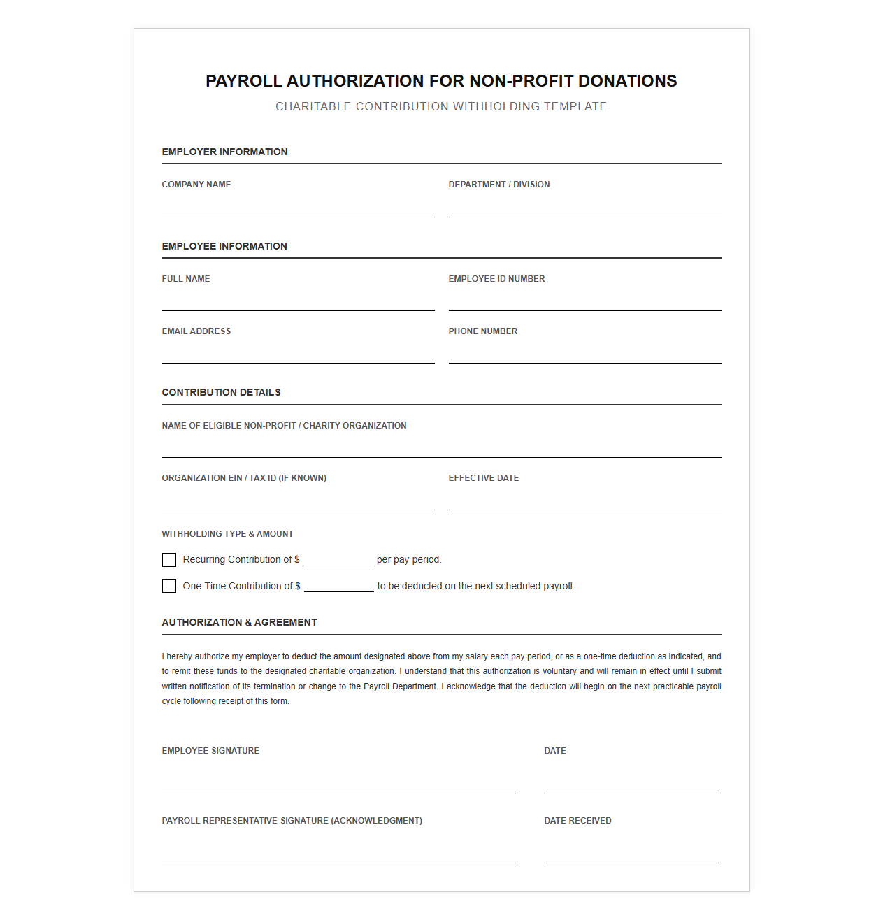 Payroll Authorization for Non-Profit Donations