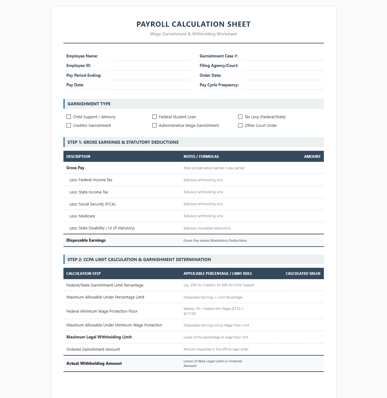 Payroll Calculation Sheet for Garnishment Orders