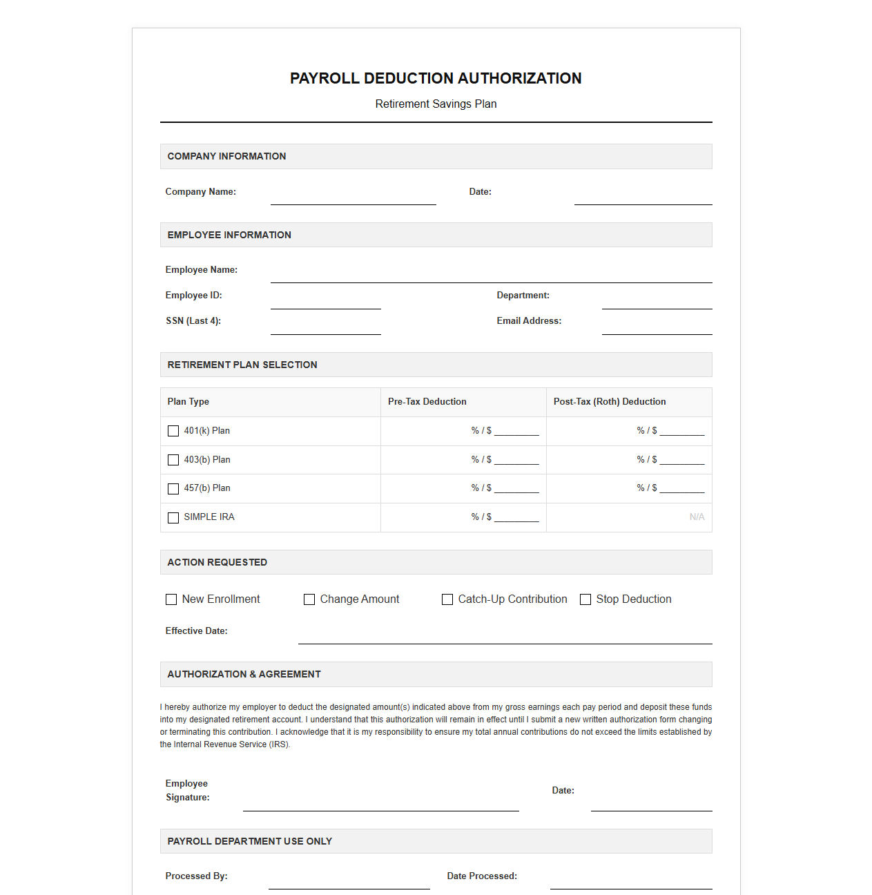 Payroll Deduction Sheet for Retirement Plans