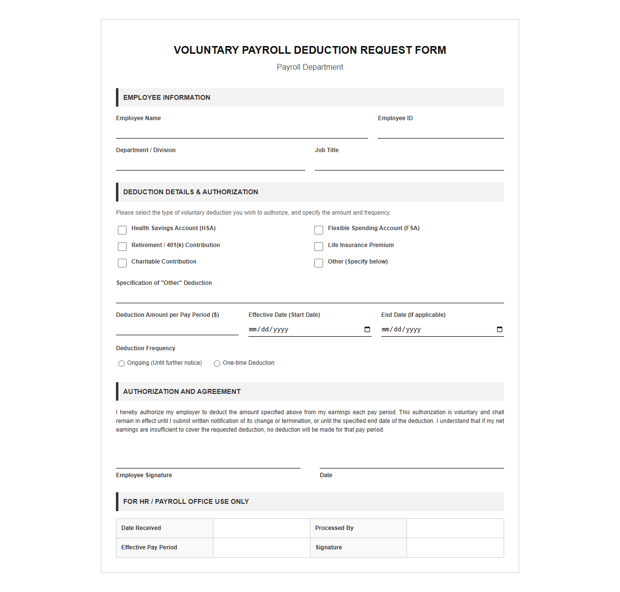 Payroll Voluntary Deduction Request Form